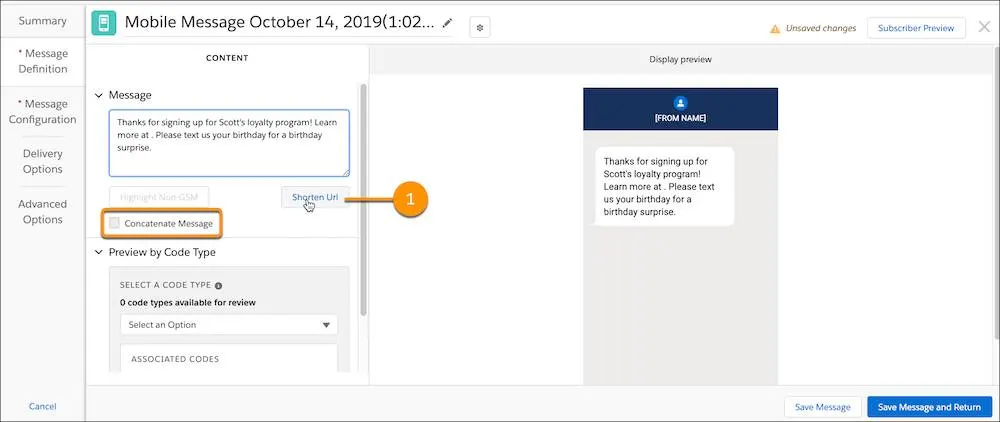 Mobile message creation with Shorten URL selected and concatenate message circled.