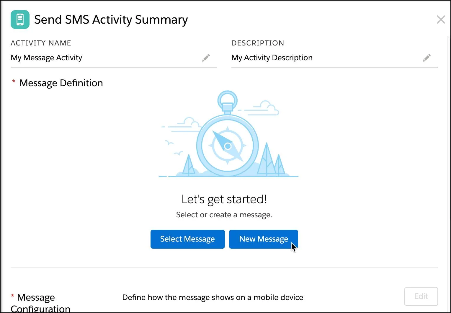 Send SMS Activity summary with new message selected.