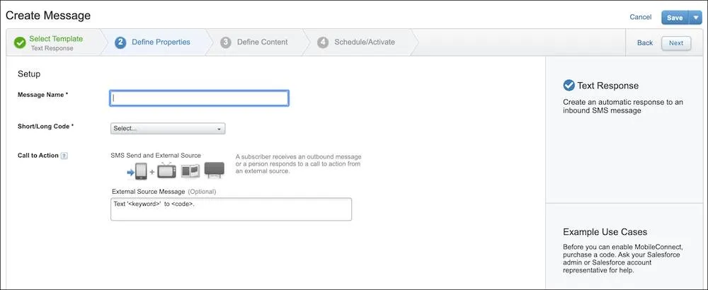 Create Message on step two define properties; select short code.