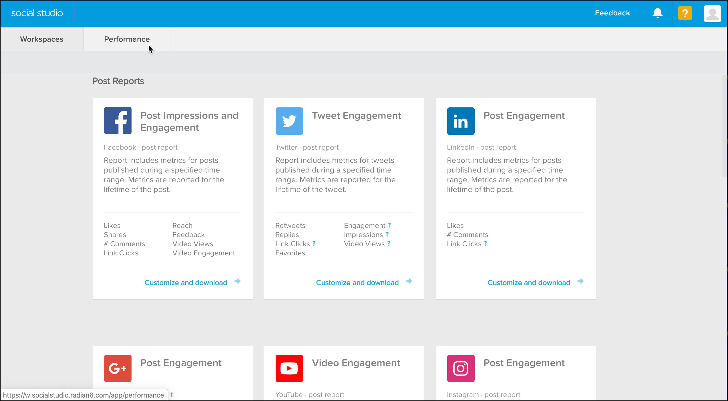 The Performance tab interface displays a collection of post reports for your various social channels, including Facebook, Twitter, YouTube, and so on.