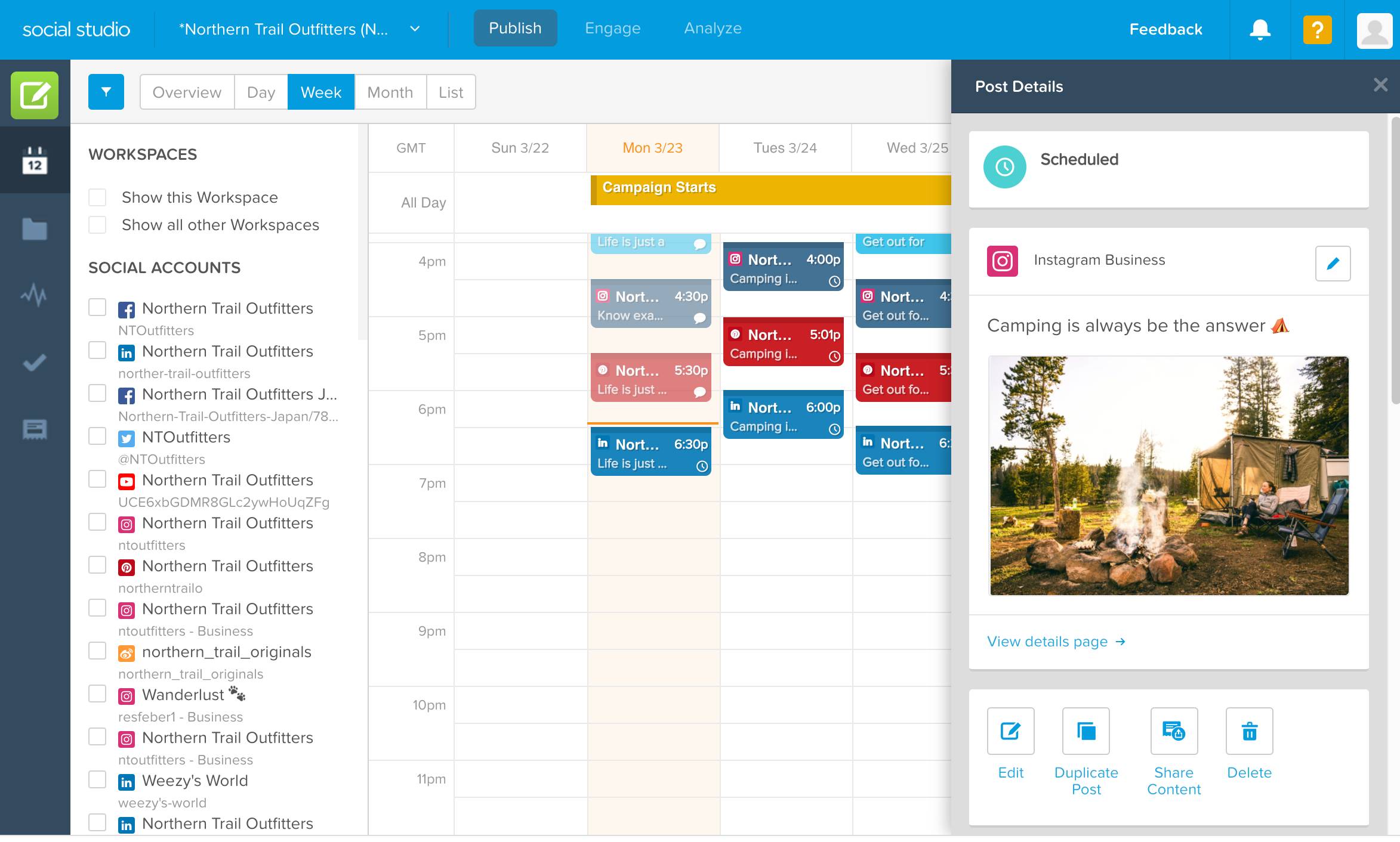 The Social Studio Publish interface with a Northern Trail Outfitters post about camping.