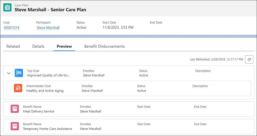 Preview tab on the care plan record of Steve.