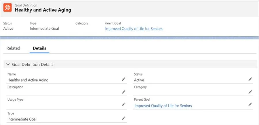 Healthy and Active Aging goal definition record.