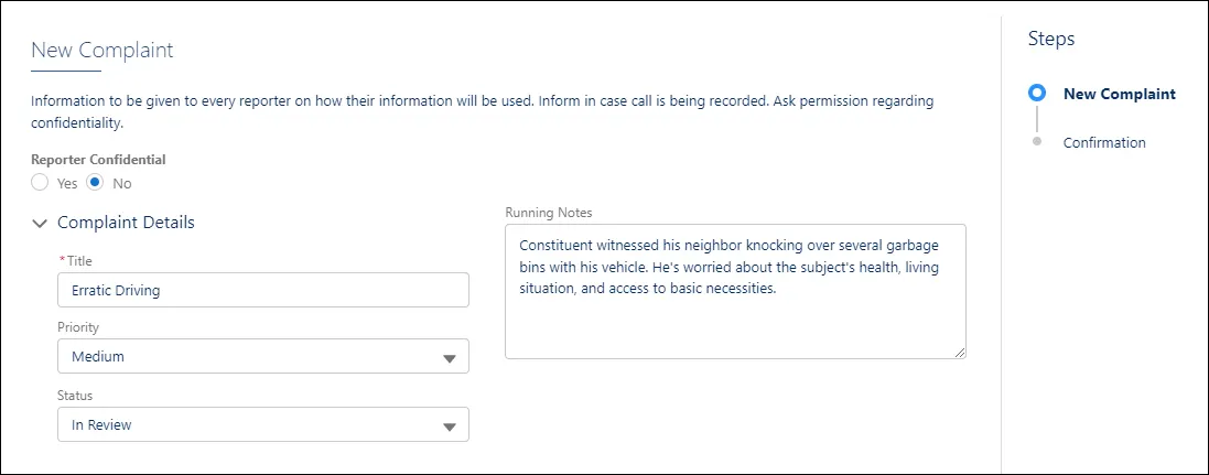 New Complaint window with details filled in.