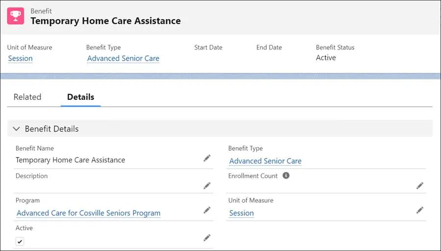 Temporary Home Care Assistance benefit record.