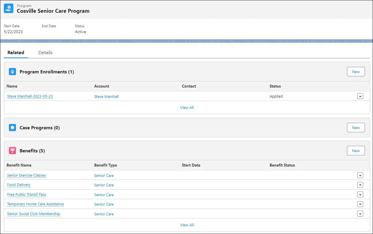 Program Enrollments and Benefits related lists on the Cosville Senior Care Program record.