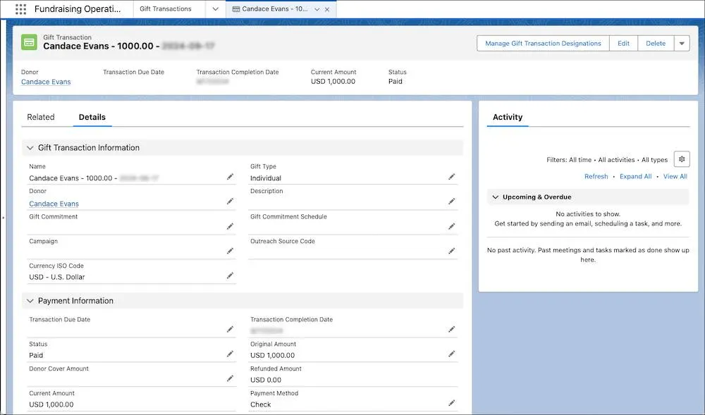 The gift transaction includes payment status information.