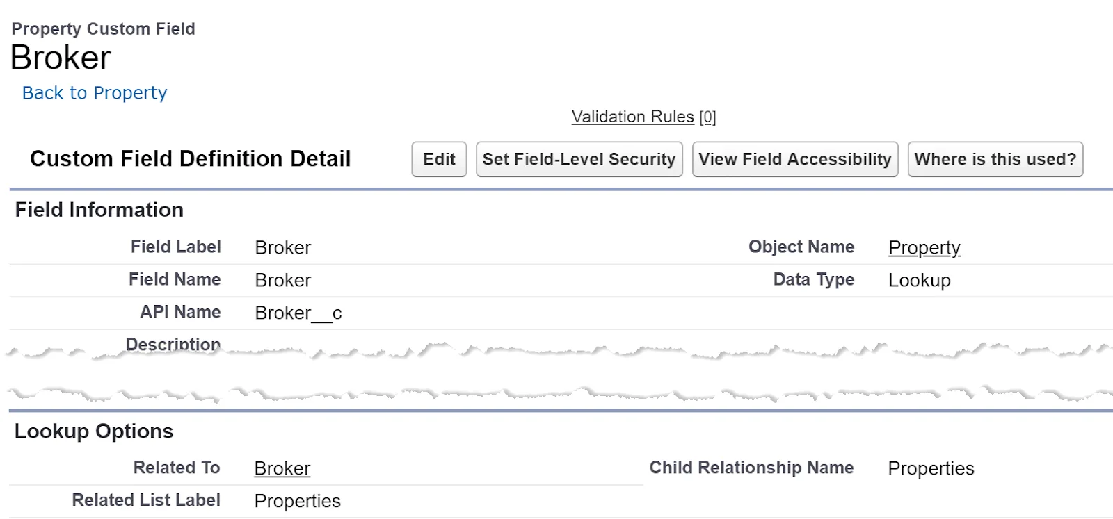 On the Details page for the Property object's Broker field, under Lookup Options, the Child Relationship Name is Properties.