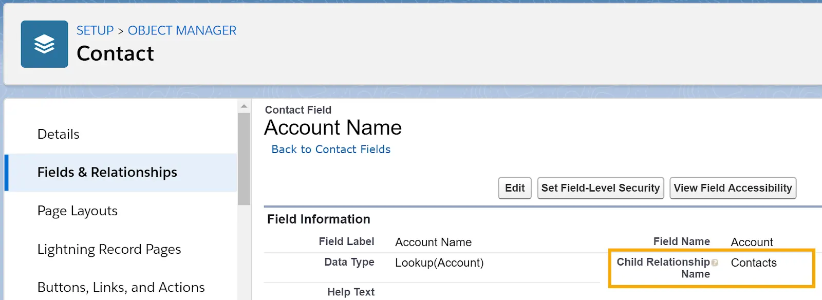 Details for the Account Name field on the Contact object, highlighting the Child Relationship Name, which is Contacts.