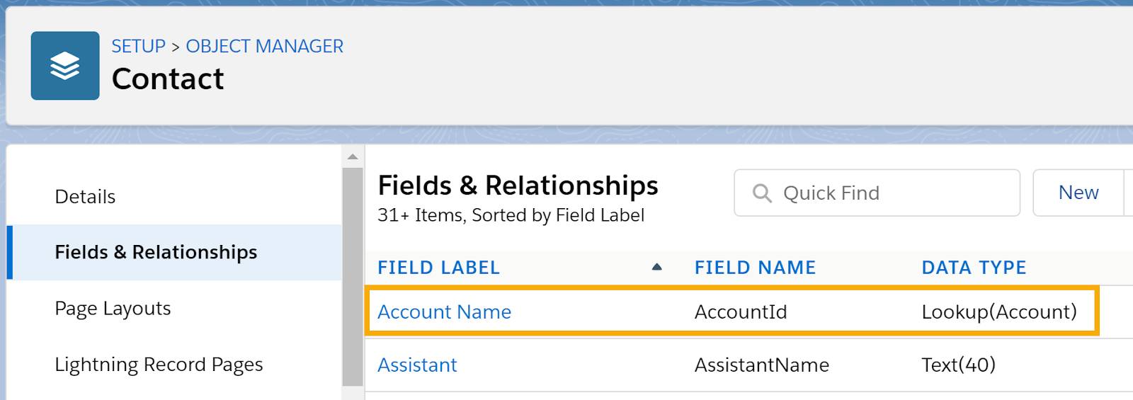 The Object Manager's Fields & Relationships page for the Contact object, highlighting one field. Field Label = Account Name. Field Name = AccountId. Data Type = Lookup(Account).
