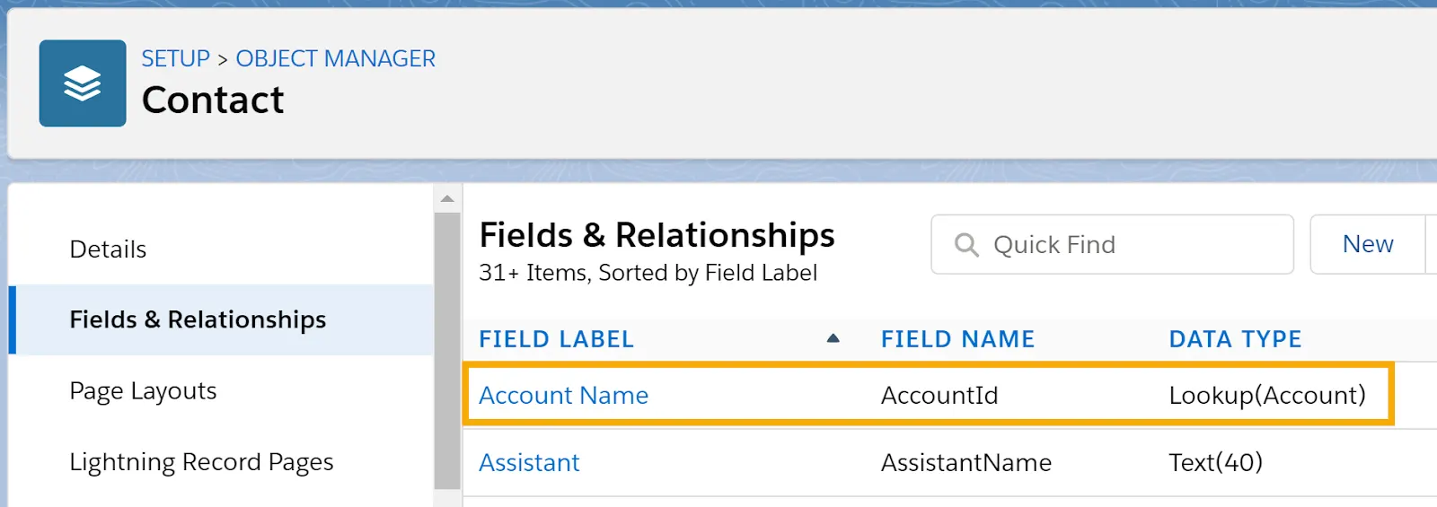 개체 관리자의 Contact(연락처) 개체에 대한 Fields & Relationships(필드 및 관계) 페이지로 하나의 필드가 하이라이트되어 있음. Field Label = Account Name. Field Name = AccountId. Data Type = Lookup(Account).