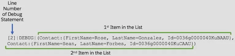 [2] | DEBUG | (Contact: {FirstName = Rose, LastName = Gonzalez, Id = 0036g000040KuVAAU}, Contact: {FirstName = Sean, LastName = Forbes, Id=0036g0000040KuCAAU}). Contact 레코드가 쉼표로 구분되어 순서대로 나열되어 있습니다.