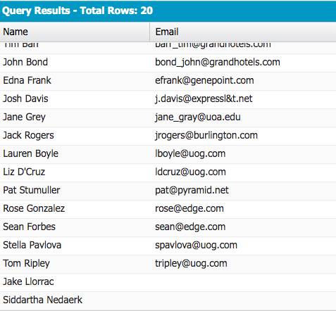 Query Results listing the name and email fields.