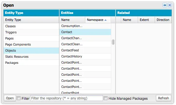 The Open window lists entity type (highlighting Objects) and its entities (highlighting Contact).