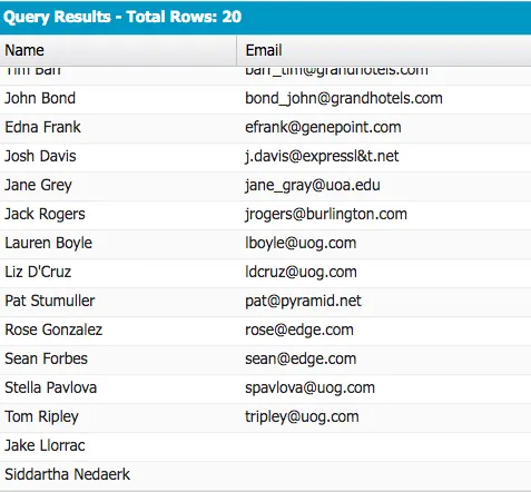 Query Results listing the name and email fields.