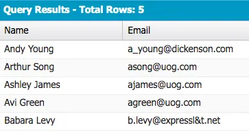 Abfrageergebnisse mit Auflistung der Felder 'Name' (in aufsteigender Reihenfolge) und 'Email' im Objekt 'Contact'.