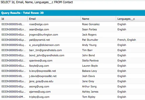 The query returns the Id, Email, Name, and Languages__c fields.