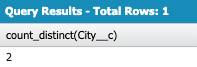 Abfrageergebnis – Zeilen insgesamt: 1. Spalte: count_distinct(City__c) Wert 2.