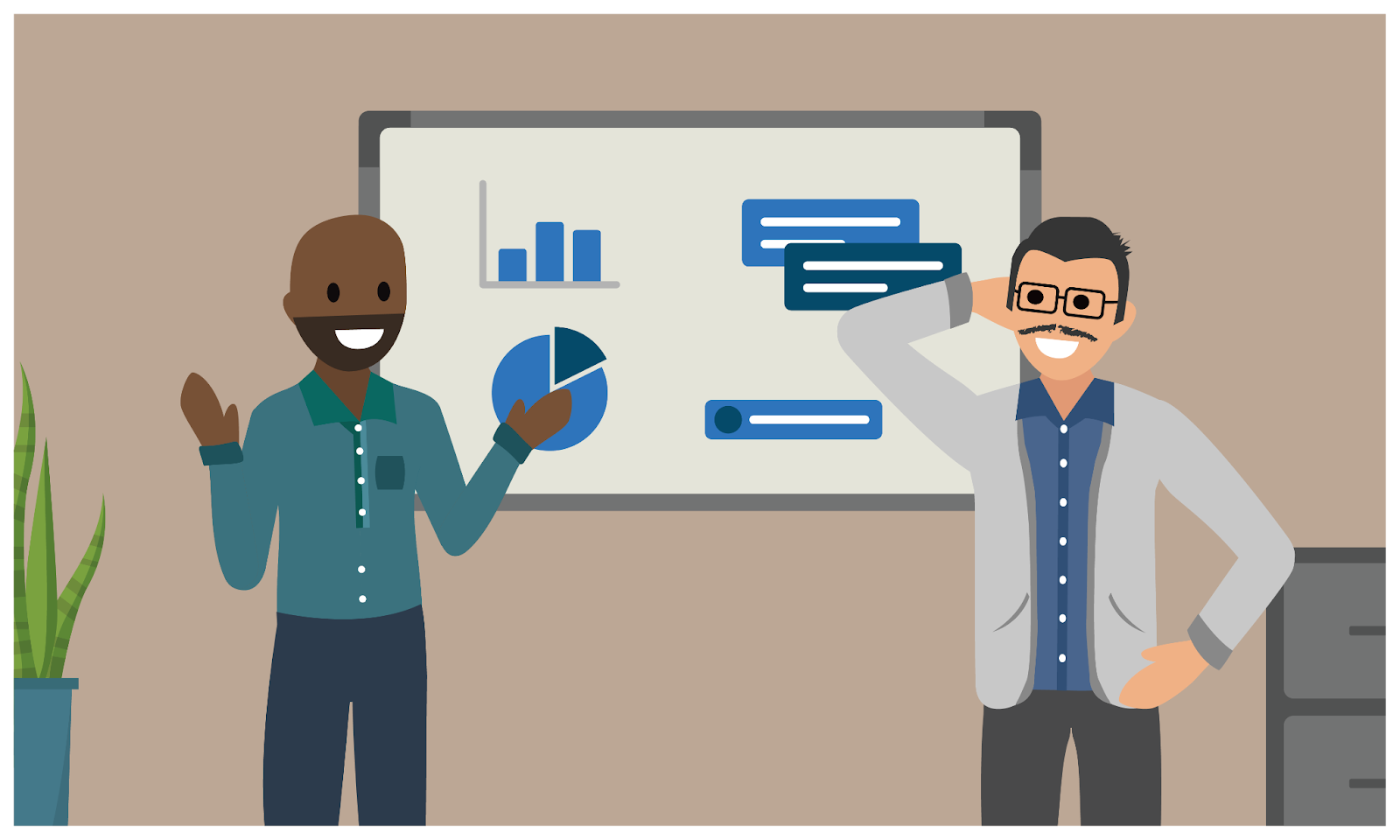 Calvin and Ernesto in front of a projector screen showing data fields.