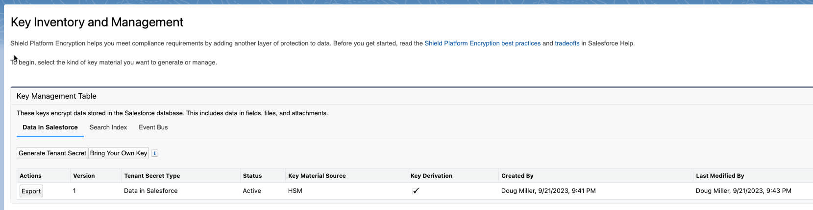 Key Management page with showing tenant secret type and status