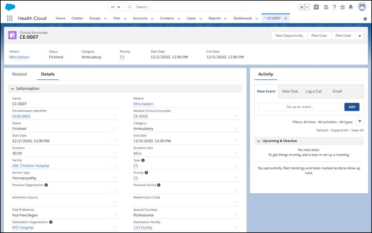 臨床受診の詳細を示す Health Cloud の患者レコードの例