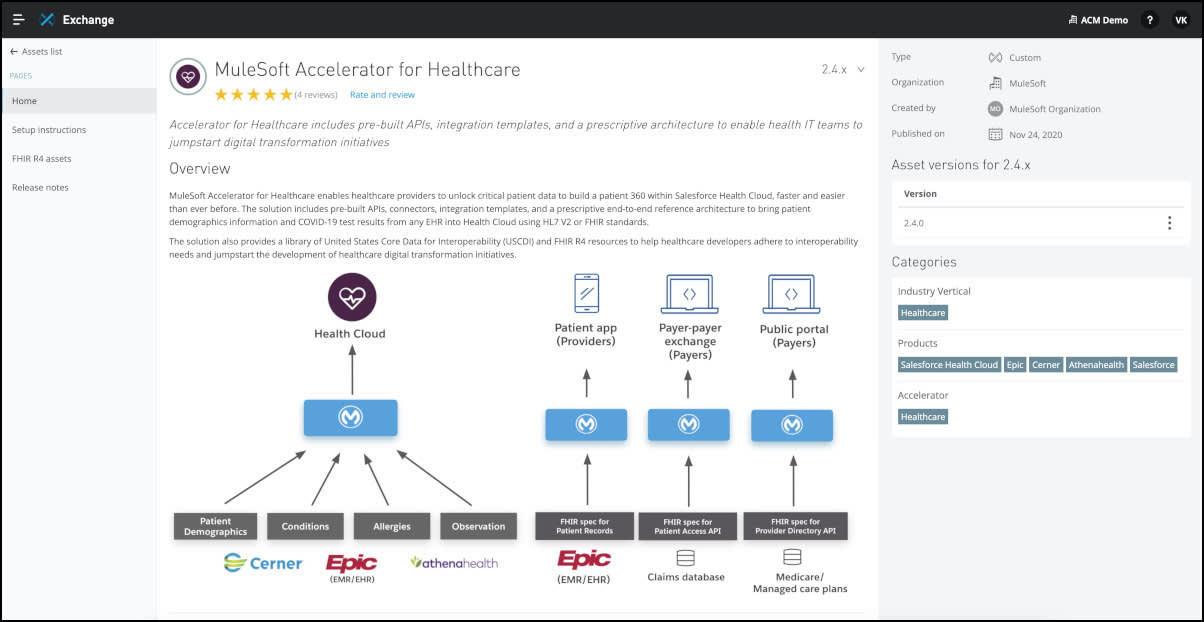 Anypoint Exchange の MuleSoft Accelerator for Healthcare 製品ページ
