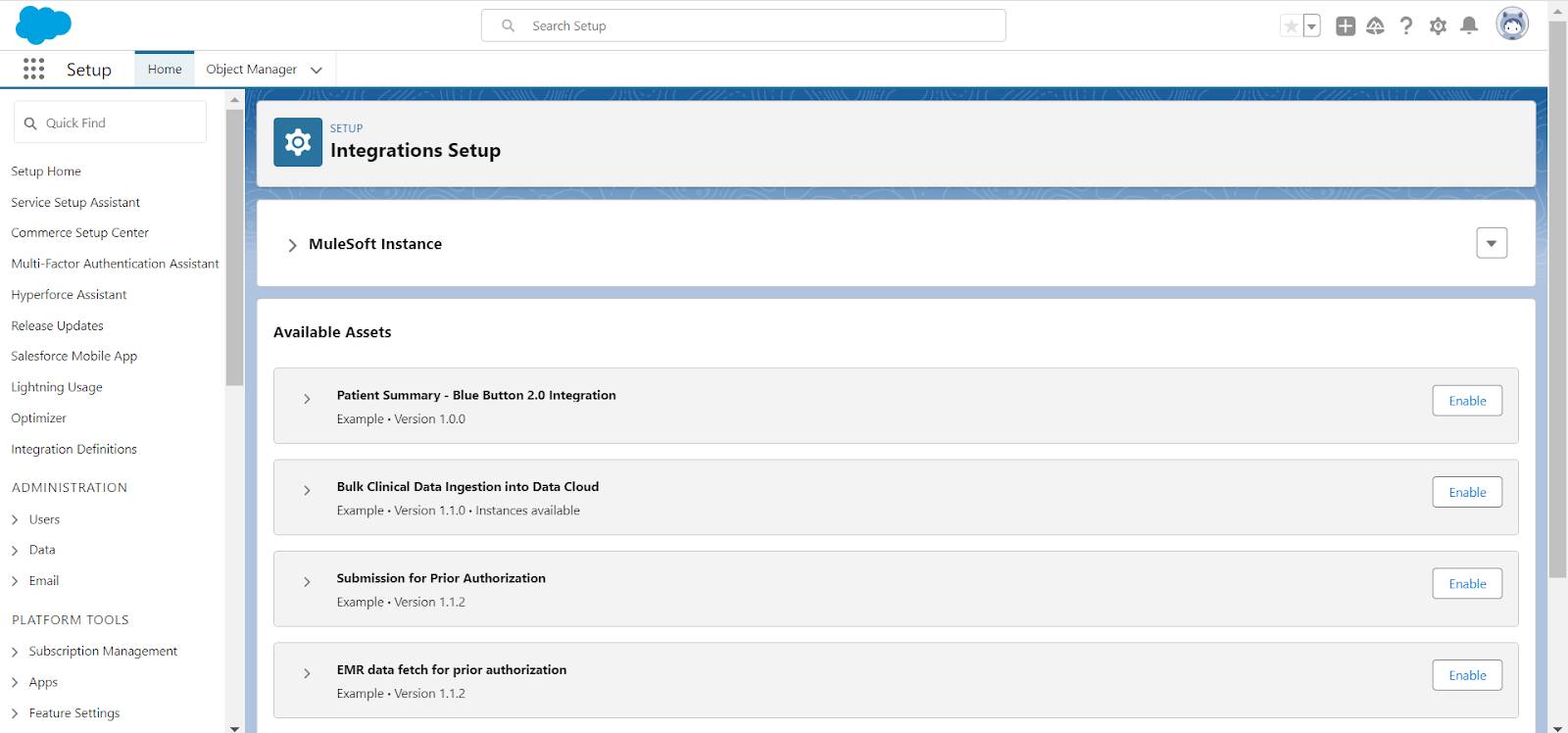 Integrations Setup screen with MuleSoft Instance and Available Assets