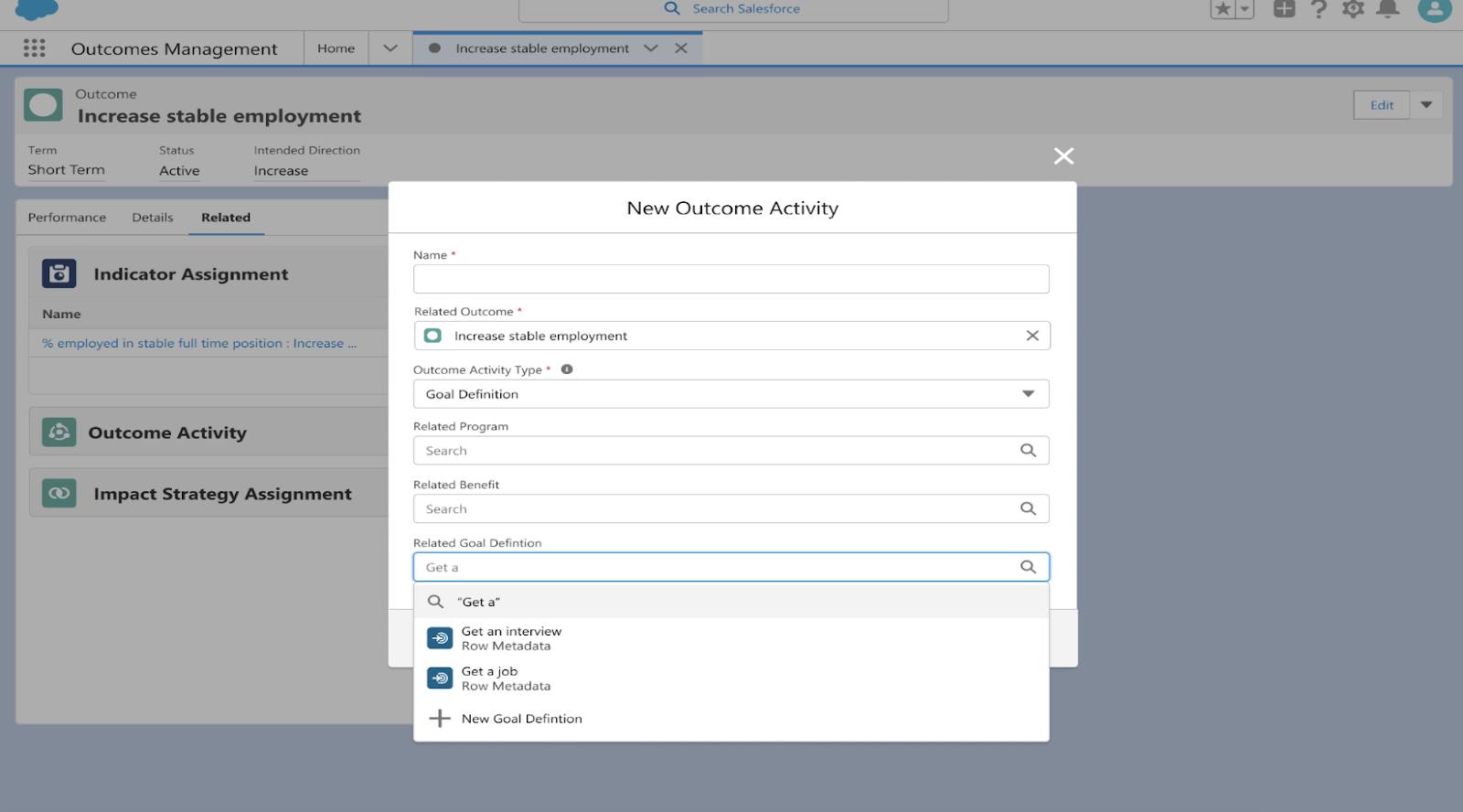 New Outcome Activity screen