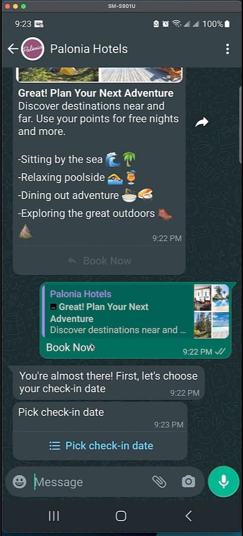 WhatApp thread with customer promoting and making a hotel reservation