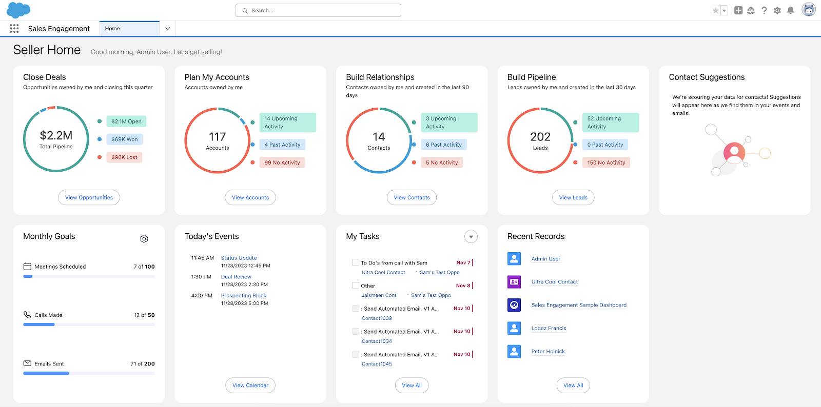 Example Seller Home page with opportunities, goals, events, and more.