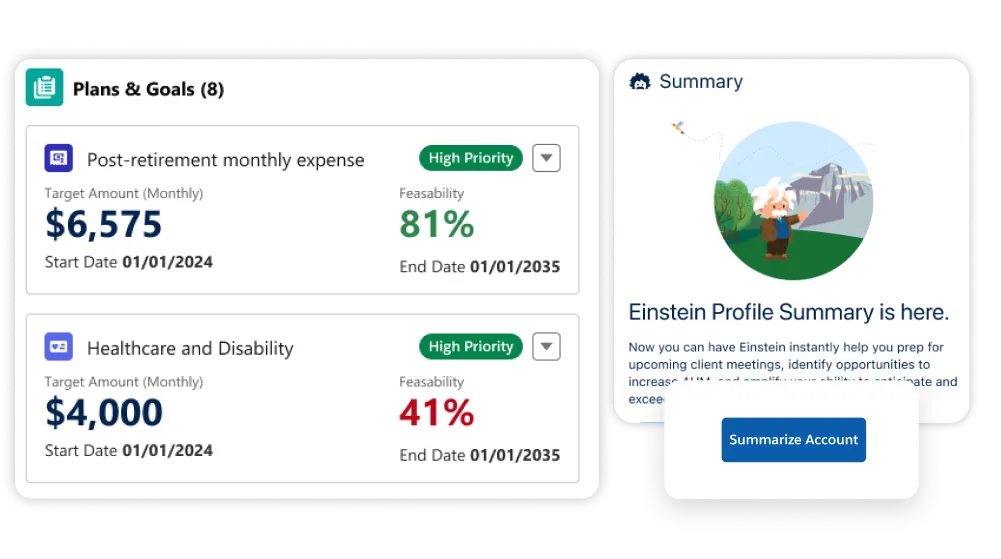 AI Client Summary next to a client’s retirement Plans & Goals numbers