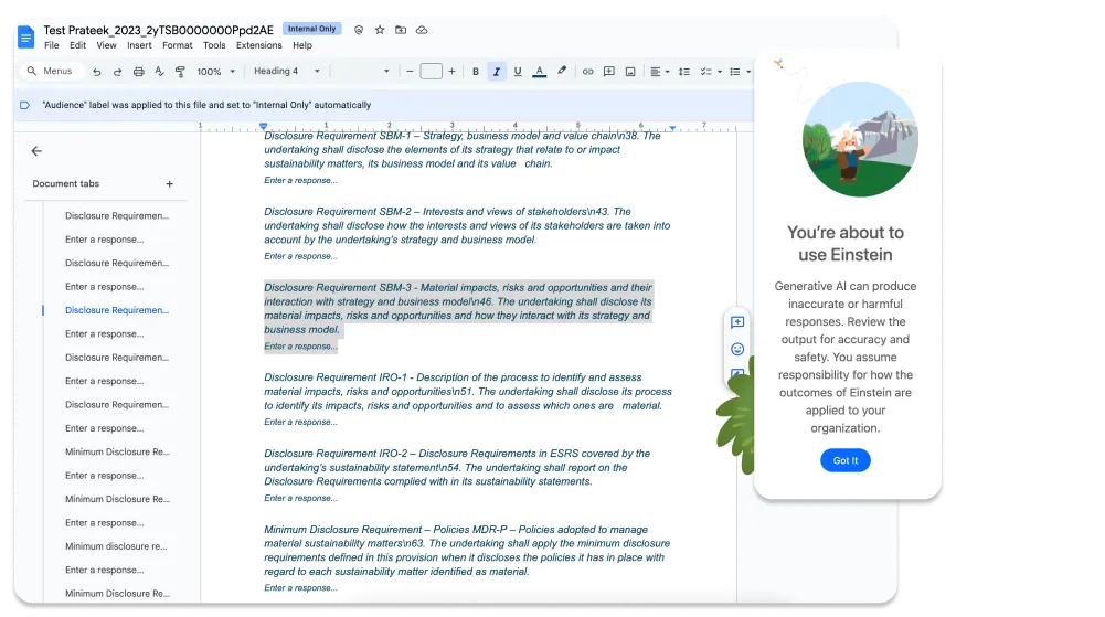 Using Einstein generative AI in Google Docs to generate an ESG report