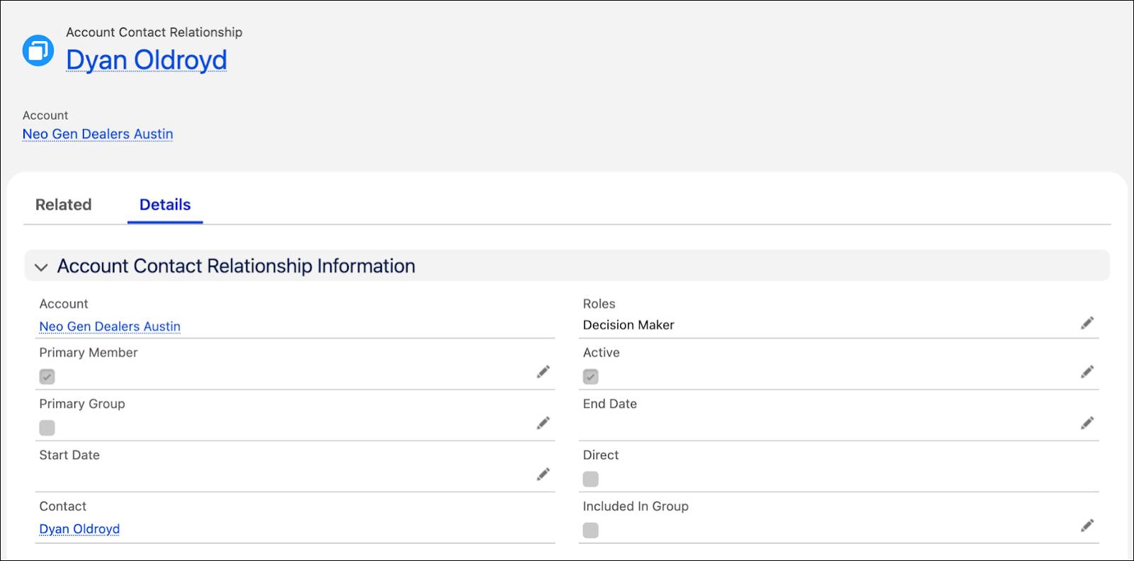An example of an account contact relationship record.