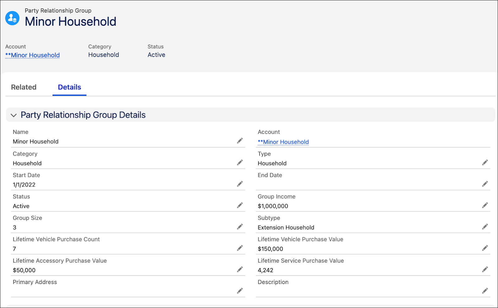 An example of a party relationship group record.