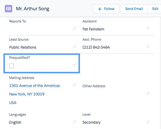 A contact detail page with the new Prequalified field displaying.