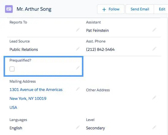 A contact detail page with the new Prequalified field displaying.