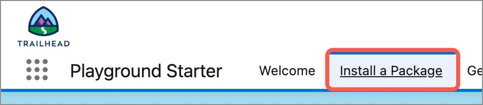 Die Anwendung Playground Starter mit hervorgehobener Registerkarte 'Install a Package' (Paket installieren)