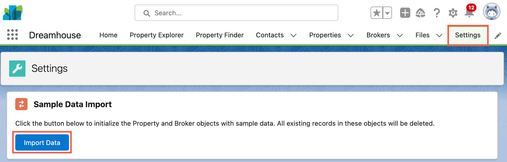 Ficha Settings (Configuración) de Dreamhouse donde se destaca el botón Import Data (Importar datos).