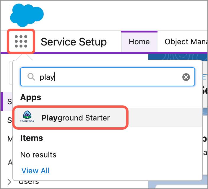 El menú de App Launcher (Iniciador de aplicación) donde se muestra la aplicación Playground Starter.