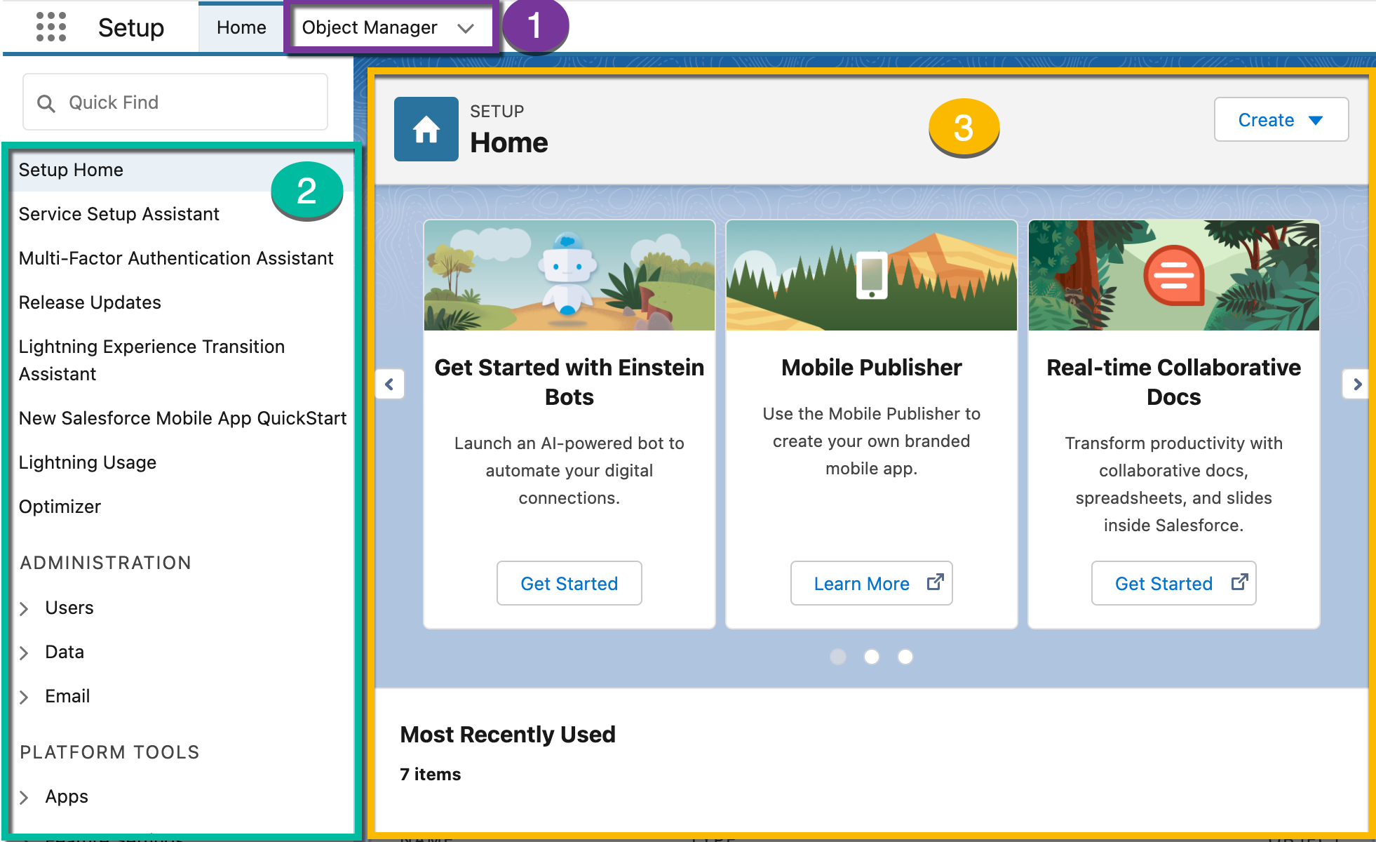 La vista estándar de la página de inicio de Setup (Configuración).