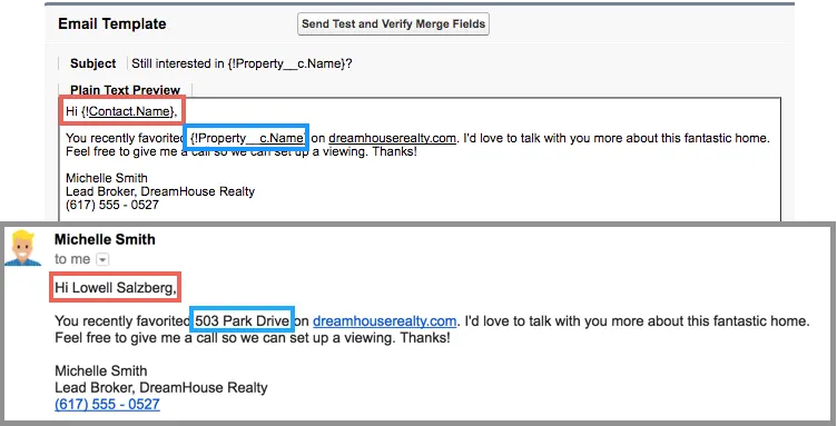 Un modèle d’e-mail dans Salesforce utilisant le nom d’API d’un contact et d’une propriété