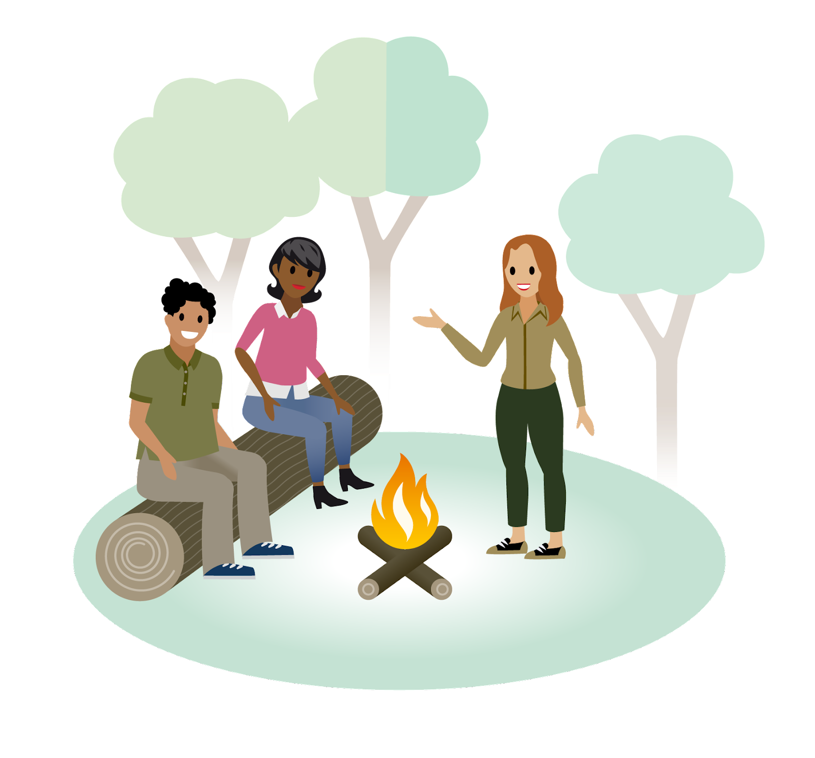 Three people tell stories around a campfire.