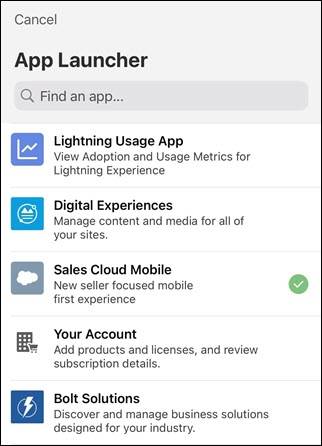 App Launcher screen with Sales Cloud Mobile selected.