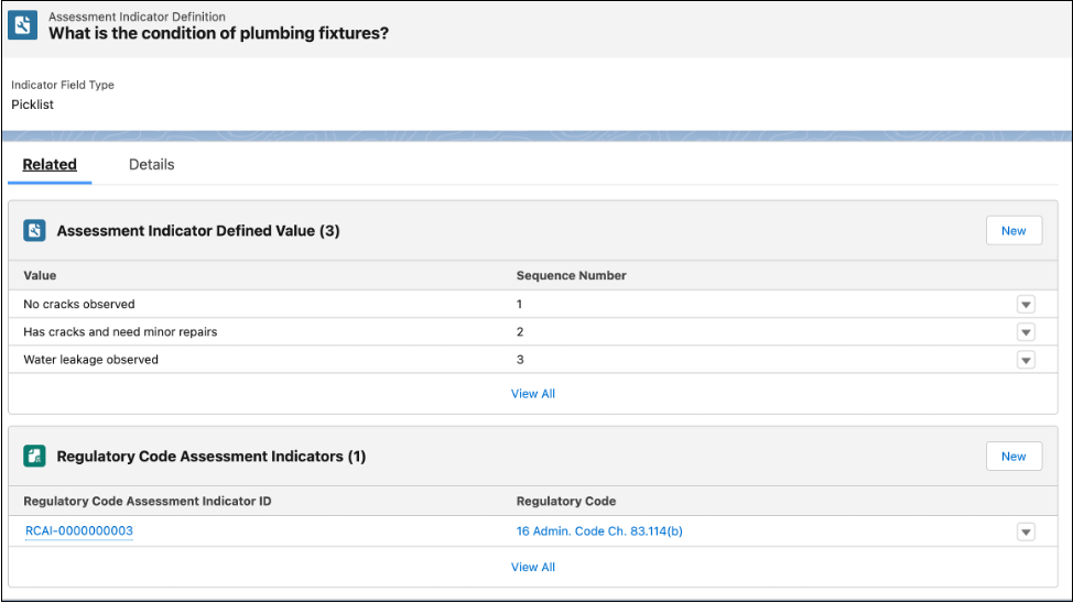 Assessment Indicator Definition record with defined values and regulatory codes.