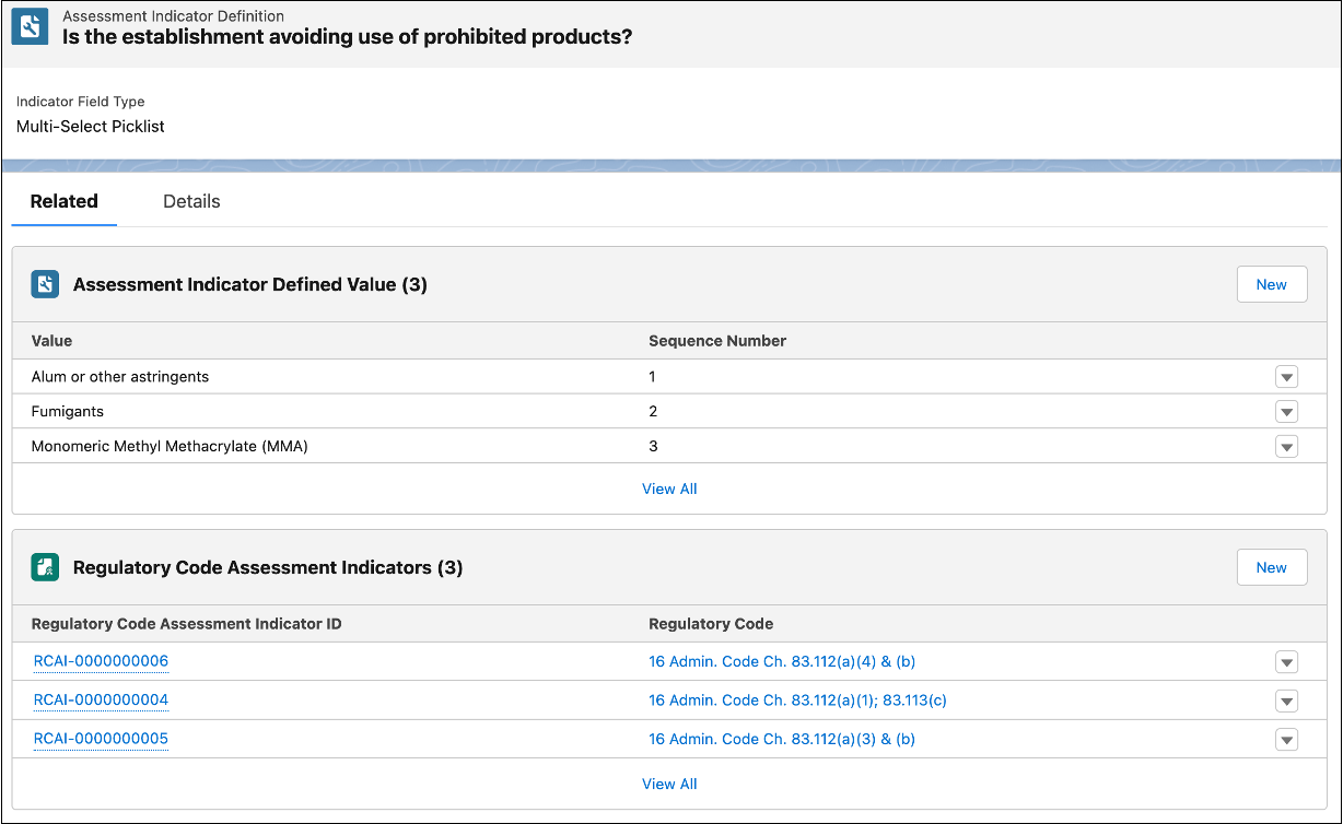 A multi-select Assessment Indicator Definition record with defined values and Regulatory Codes.