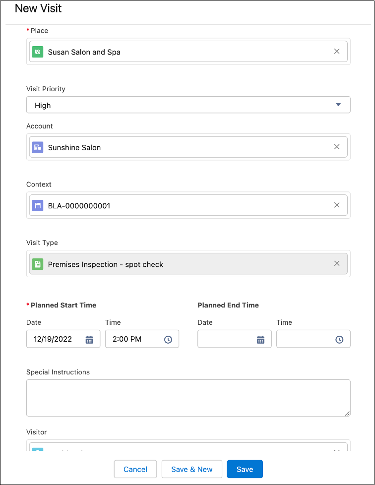 New Visit request page for Sunshine Salon business license application.