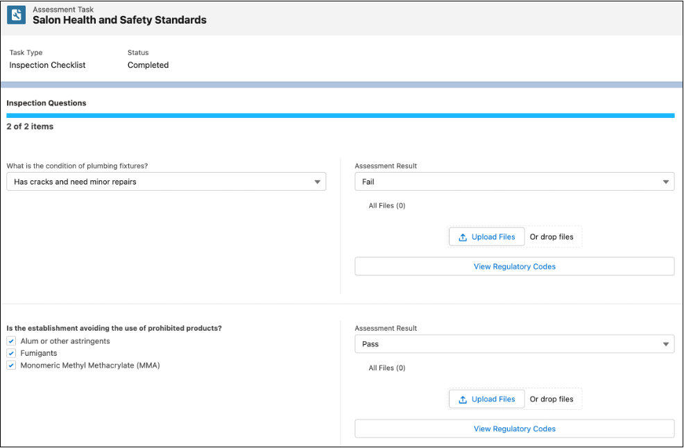 Assessment task Salon Health and Safety Standards showing all questions as complete.