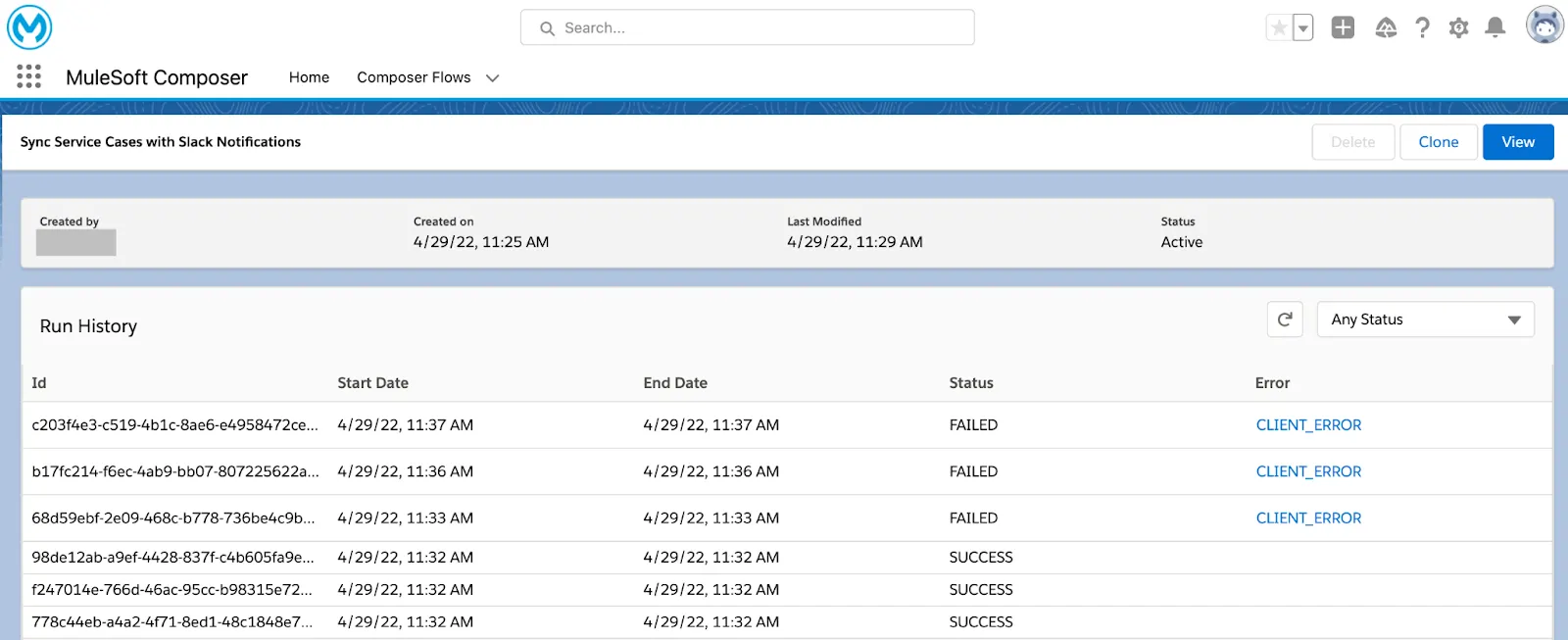 Run history of a flow showing Id, Start Date, End Date, and Status of six instances.