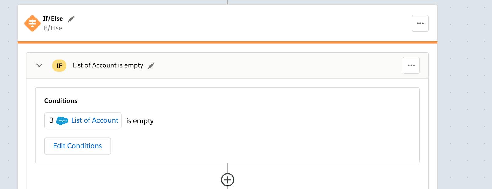 If/Else block of flow showing If/Else condition to determine if list of accounts is empty.