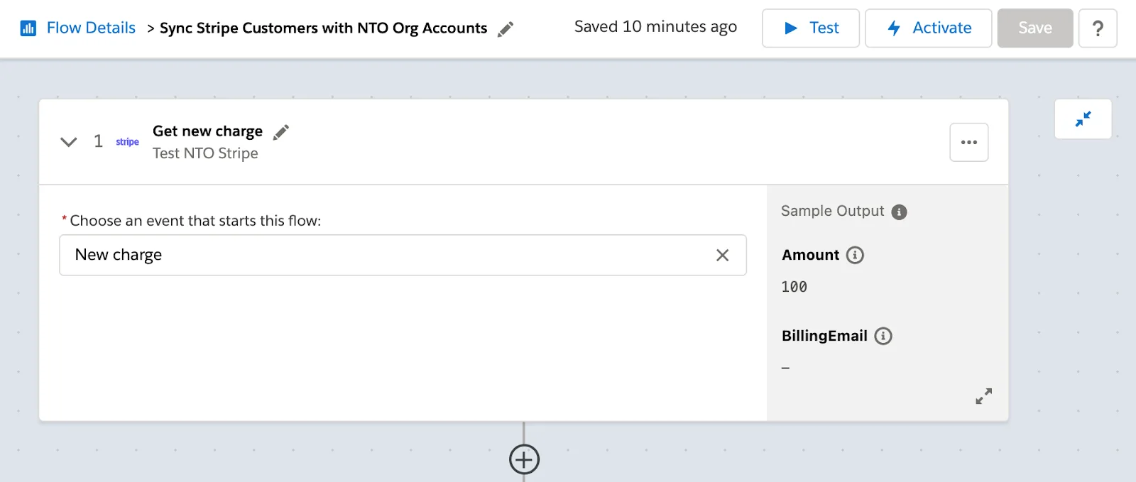 Step 1 of flow showing new charge from Stripe.